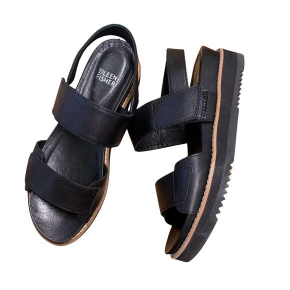 Eileen Fisher Shoes - Eileen Fisher Black Leather Flatform Comfort Sandals Women’s Size 6.5